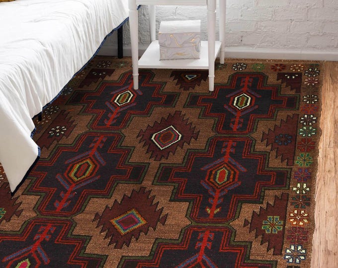 Hand-knotted Baluchi Brown and Blue, 3.93 x 6.56 ft