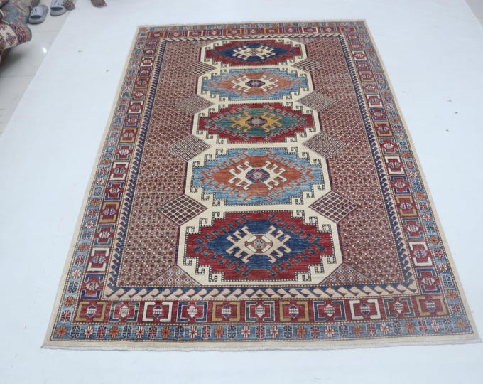 5.8 X 8.3 ft Red Geomatrical Handmade , Super Kazak Cotton and Wool