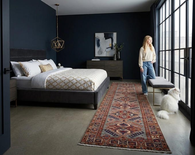 2.8 X 9.9 ft Gray and Beige Geomatrical Handmade Runner, Super Kazak Cotton and Wool