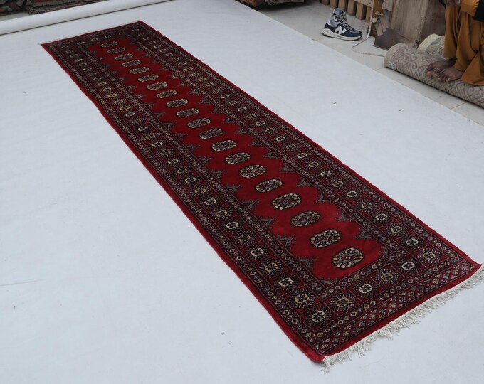 2.8 X 10.3 ft Red Geomatrical Runner Handmade, Mori Bokhara Cotton and Wool
