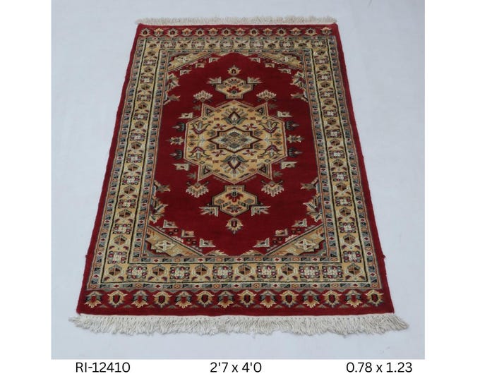 Hand-Knotted Wool Rug, Geometric Copper and Yellow Border, 2.7 x 4.0 ft