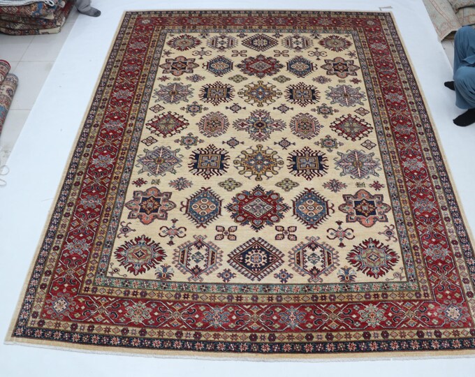 Hand-knotted Kazak Rug, Cotton and Wool, Beige and Red, 8.1 x 10.4 ft