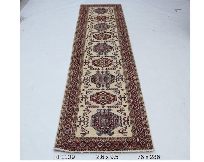 2.6 X 9.5 ft Beige and Red Geomatrical Handmade Runner, Super Kazak Cotton and Wool