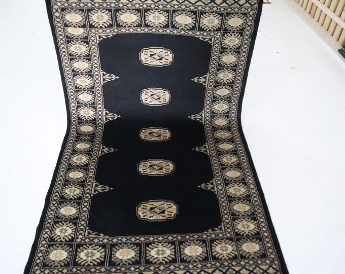 3x5 Black Mori Bokhara Rug, Hand Knotted Wool, Tribal Geometric Rug