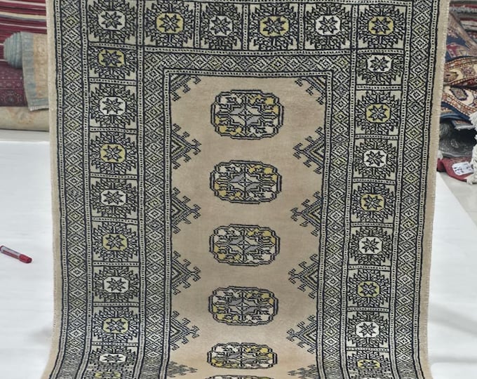 2.5 X 4 ft Beige Geometrical Handmade, Mori Bokhara Rug Cotton and Wool