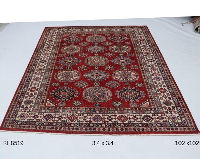 Hand-knotted Super Kazak Cotton and Wool Rug, Geomatrical in Red base and Beige border, 3.4 x 3.4 ft
