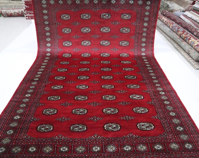 7x10 Red Mori Bokhara Rug, Hand-Knotted Wool, Tribal Geometric Rug