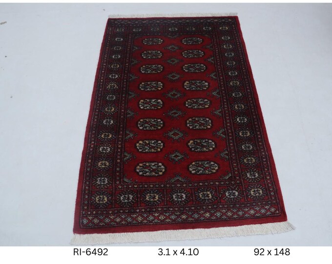 Hand-knotted Mohri Bokhara Cotton and Wool Rug Geomatrical in Red and Red border, 3.1 x 4.10 ft