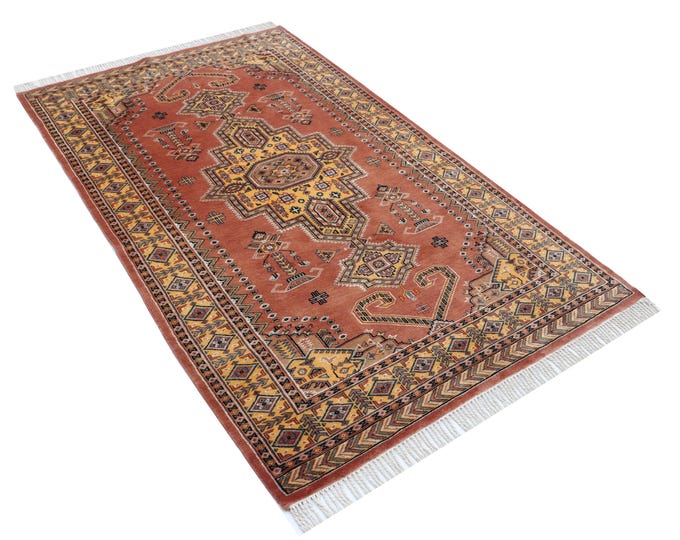 4.1 X 6.8 ft Copper Geomatrical Handmade ,Farsh-e-Nayle Cotton Wool and Silk touch