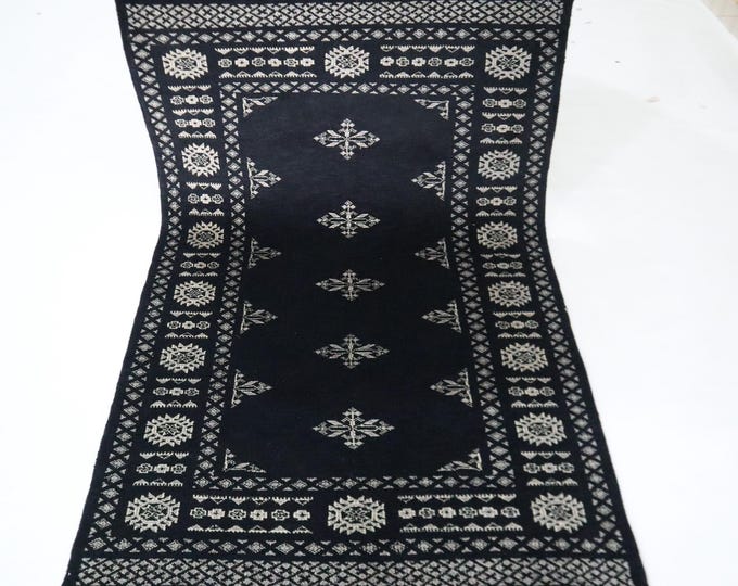 Hand Knotted Wool Mori Bokhara Rug, Black Geometric Tribal Design (3x5 Ft)