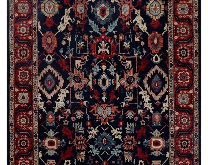 8.10 X 11.9 ft Red and Blue Floral Handmade ,Heriz Cotton and Wool