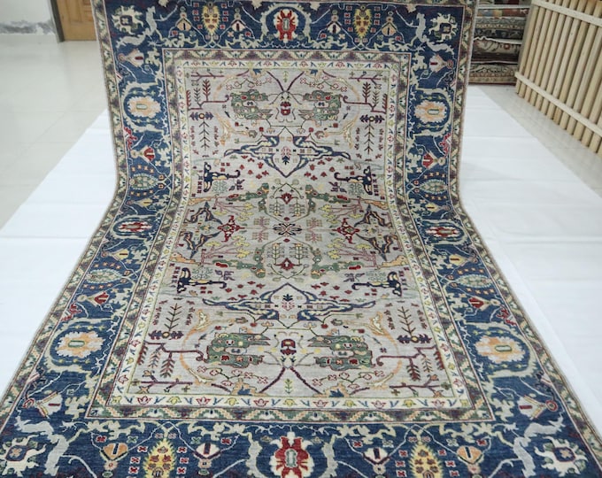 Handmade Wool Area Rug - 6x9 Gray Blue Afghan Floral Rug