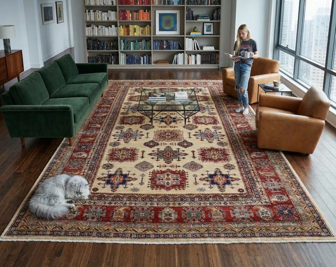 6 X 10 ft Beige and Red Geomatrical Handmade , Super Kazak Cotton and Wool