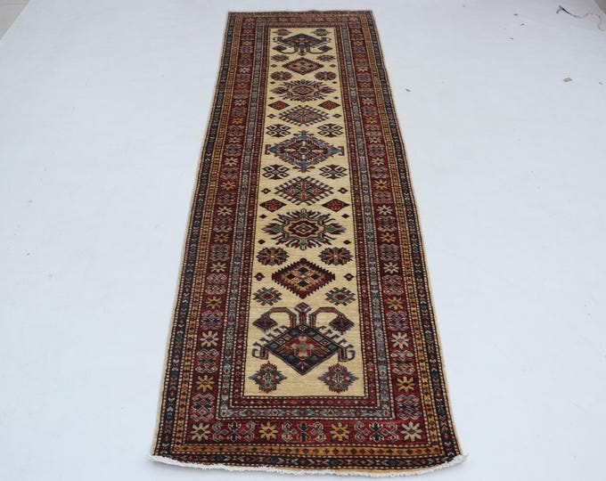 2.6 X 7.11 ft Beige and Red Geomatrical Handmade Runner, Super Kazak Cotton and Wool