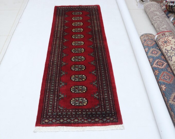 2.1 X 6.0 ft Red Geomatrical Runner Handmade, Mori Bokhara Cotton and Wool