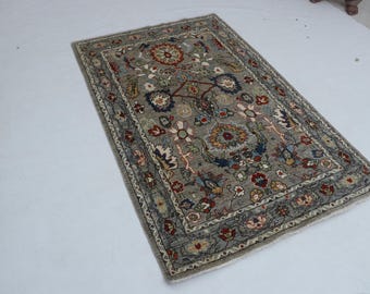 4 X 6 ft Gray Floral Handmade Runner, Chobi Cotton and Wool