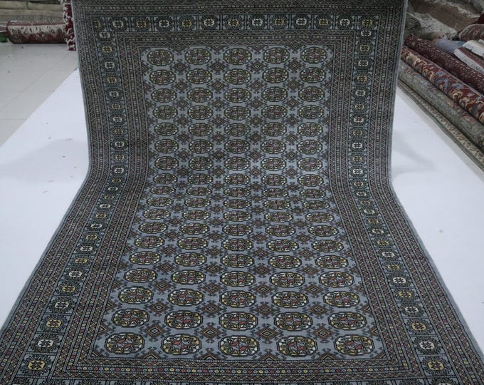 Hand Knotted Wool Rug, Gray Mori Bokhara Geometric Tribal Rug (6x9 Ft)