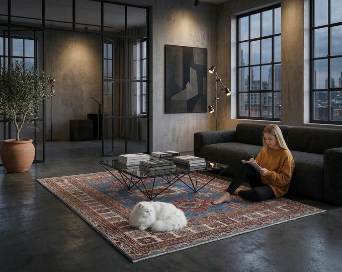 5 X 6 ft Blue and Beige Geomatrical Handmade , Super Kazak Cotton and Wool