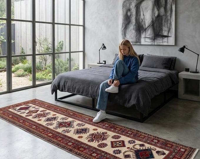 2.6 X 8.0 ft Beige and Red Geomatrical Handmade Runner, Super Kazak Cotton and Wool