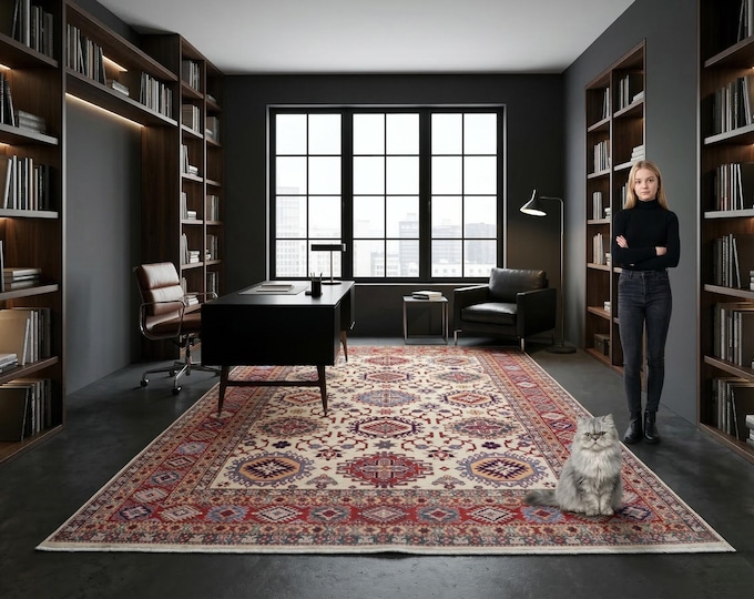 6 X 8 ft Beige and Red Geomatrical Handmade , Super Kazak Cotton and Wool