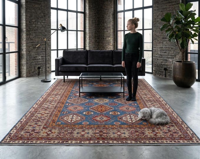 7 X 10 ft Blue and Gray Geomatrical Handmade, Super Kazak Cotton and Wool