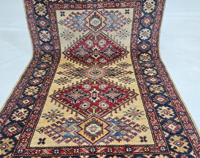 2.5 X 4 ft Handmade Geometrical Super Kazak Rug, Beige and Blue, Cotton and Wool