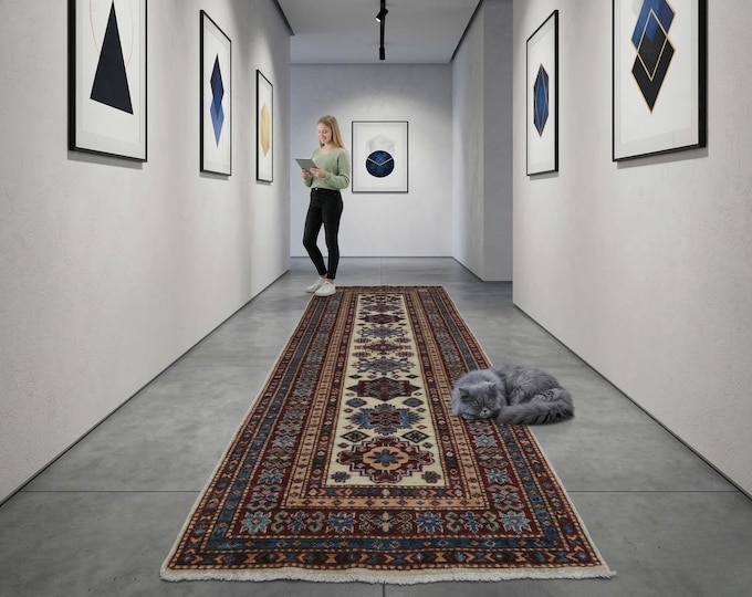 2.4 X 6.7 ft Red and Beige Geomatrical Handmade Runner , Super Kazak Cotton and Wool