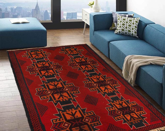 Hand-knotted Baluchi Red and Blue, 3.93 x 6.56 ft