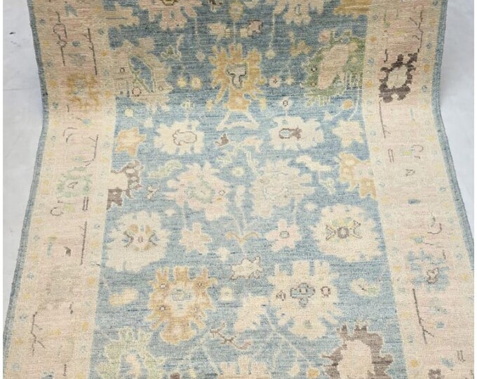 4 X 6 ft Blue and Beige Floral Handmade, Oshak Rug Wool