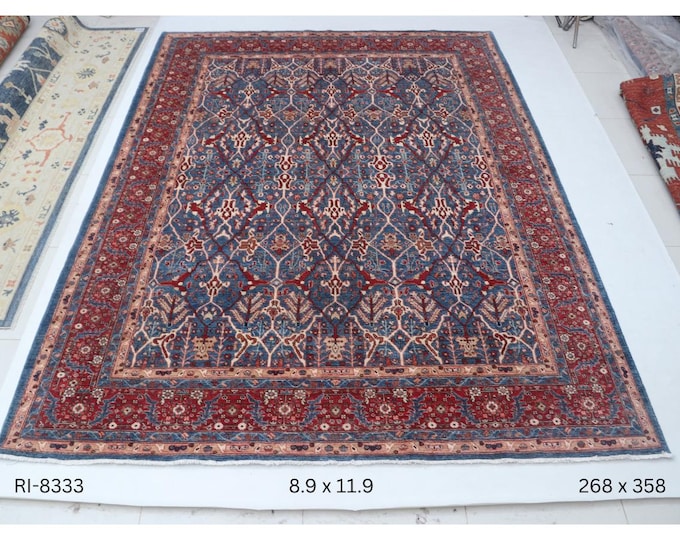 Hand-knotted Heriz Cotton and Wool Rug, Floral in Blue base and Red border, 8.9 x 11.9 ft