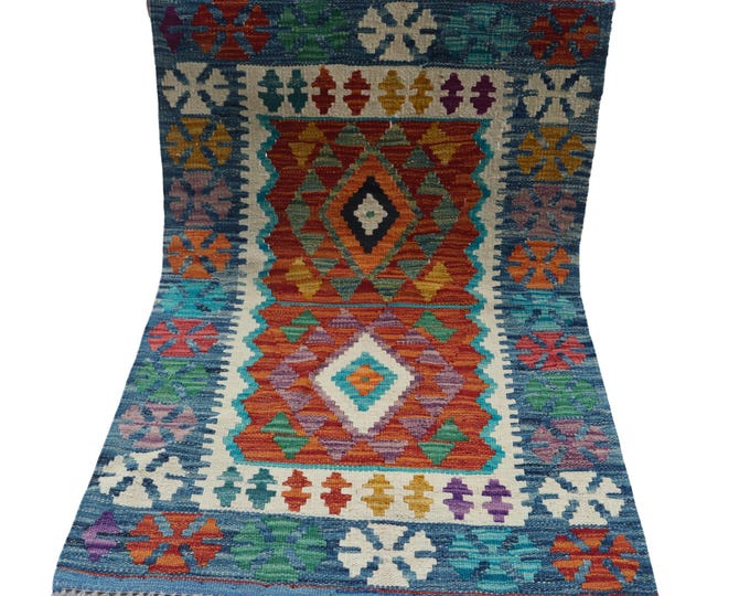 2 X 3 ft Handmade Geometrical Killim Rug, Muilty, Wool