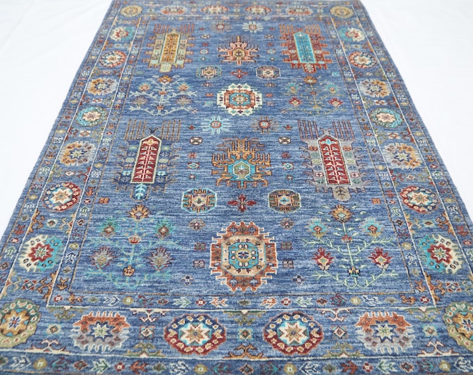 Handmade Waziri Wool Area Rug – 4x6 Light Blue Afghan Geometric Rug