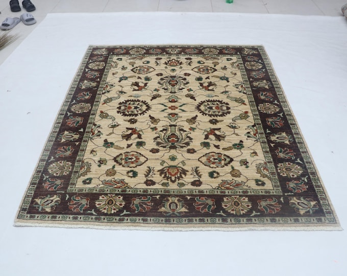 5 X 6 Beige and Brown Floral Handmade, Chobi Cotton and Wool