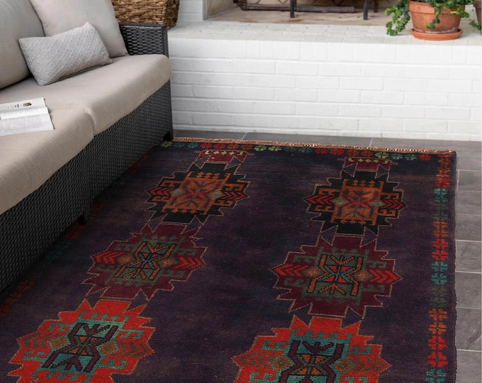 Hand-knotted Baluchi in Blue and Rainbow 3.93 x 6.56 ft