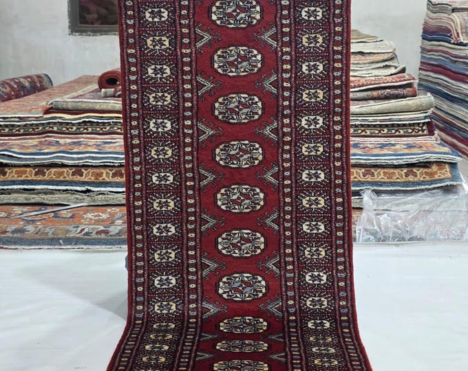 2 X 6 ft Red Geometrical Handmade Runner, Mori Bokhara Cotton and Wool