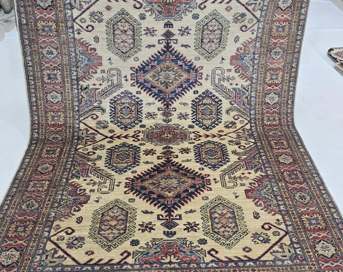 5 X 7 ft Handmade Geometrical Super Kazak Rug, Beige and Red, Cotton and Wool