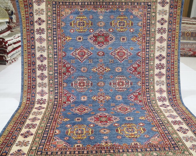 6x8 Blue Kazak Rug – Handmade Afghan Wool, Geometric Design