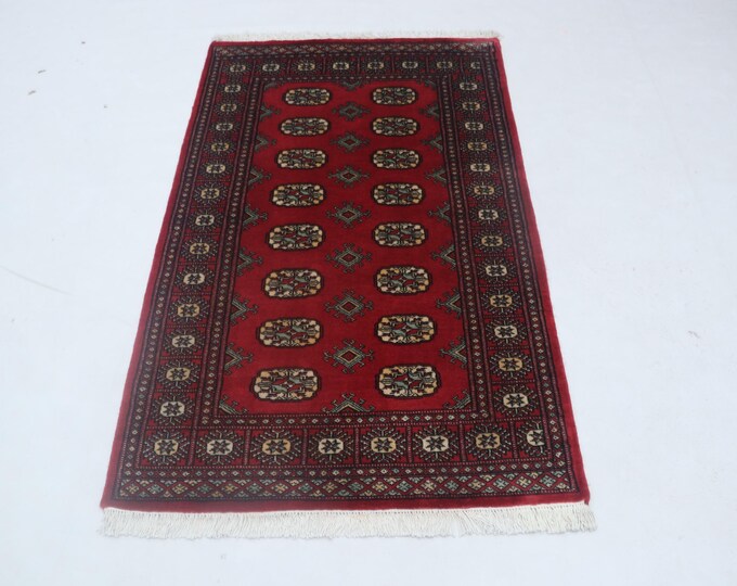 Hand-knotted Mohri Bokhara Cotton and Wool Rug, Geomatrical in Red base and Red border, 3.1 x 5.1 ft