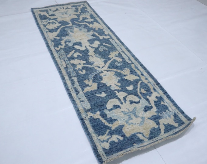 6 Ft Blue Oushak Wool Runner Rug – Hand Knotted Turkish Style