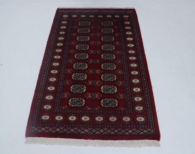 3.1 X 5.2 ft Red Geomatrical Handmade ,Mori Bokhara Cotton and Wool