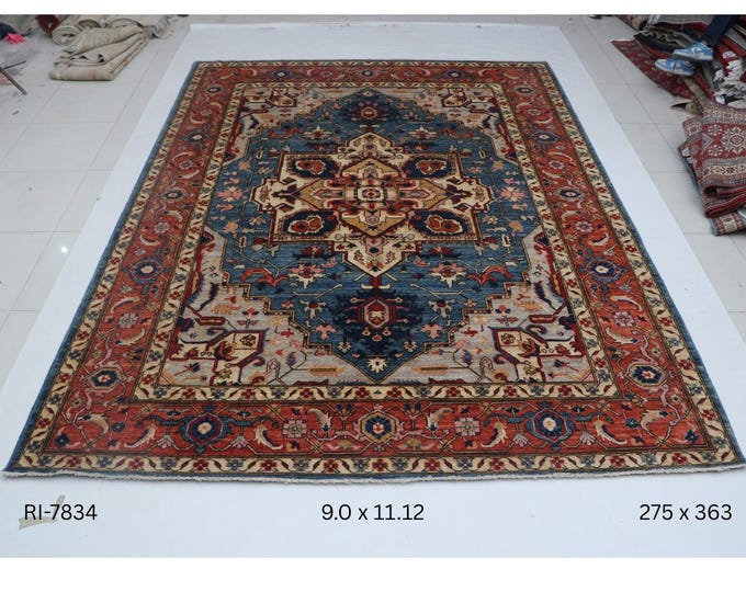 Hand-knotted Oshak Wool Rug Floral  in Blue base and Copper border, 9.0 x 11.12 ft
