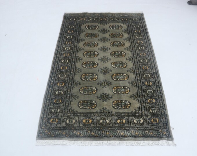 3.1 X 5.0 ft Gray Geomatrical Handmade Runner, Mori Bokhara Cotton and Wool