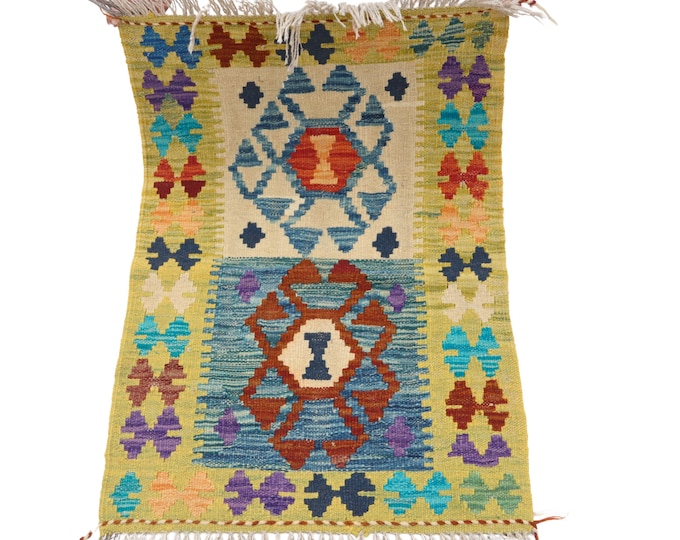 2 X 3 ft Handmade Geometrical Killim Rug, Muilty, Wool
