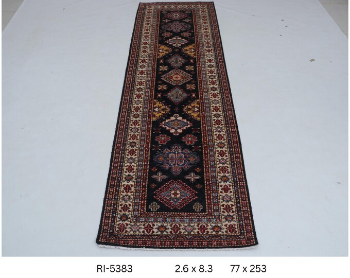 Hand-Knotted Kazak Rug, Black Beige Geometric Runner (2.6 x 8.3 ft)