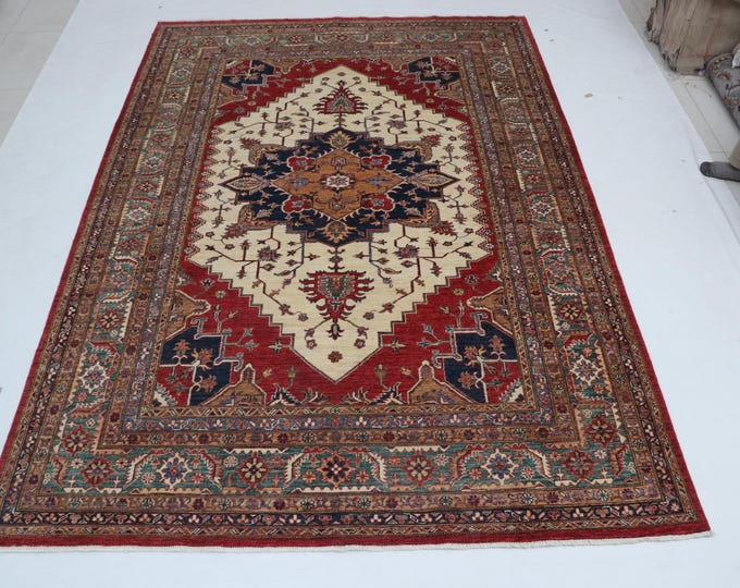 6.6 X 9.9 ft Beige and Green Geomatrical Handmade , Super Kazak Cotton and Wool