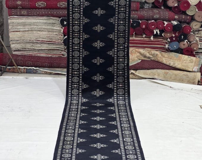 3 X 15 ft Black Geomatrical Handmade Runner, Mori Bokhara Cotton and Wool