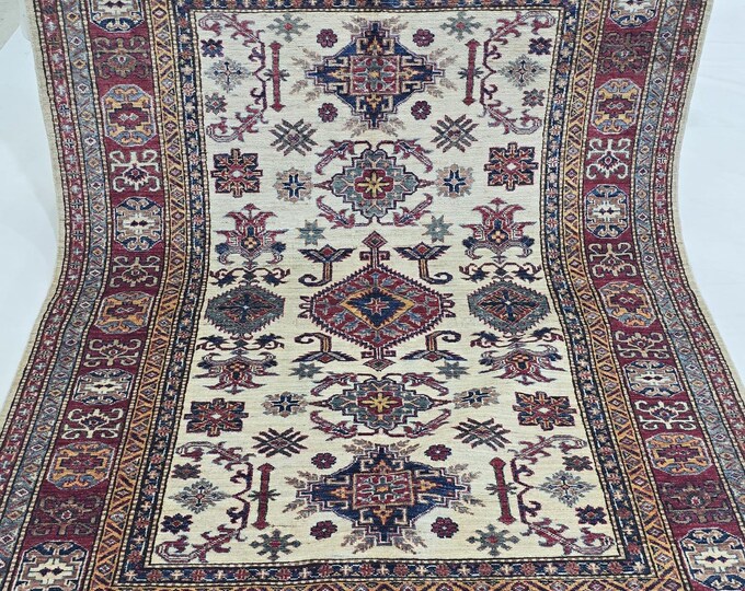 5 X 7 ft Handmade Geometrical Super Kazak Rug, Beige and Red, Cotton and Wool