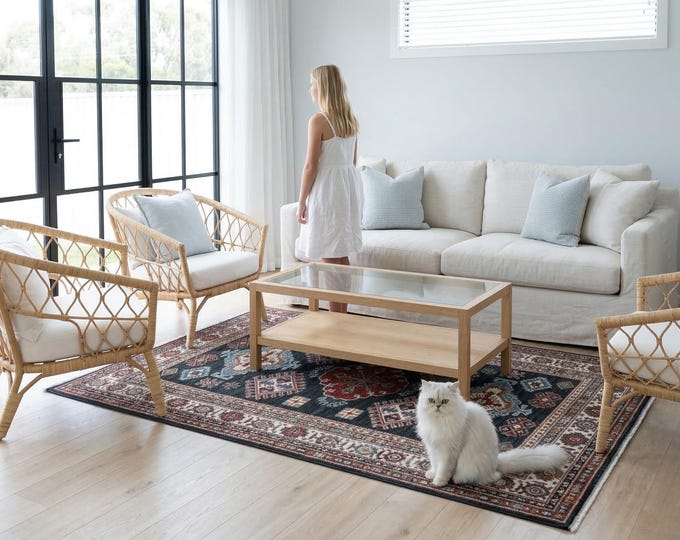 3 X 5 ft Black and Beige Geomatrical Handmade , Super Kazak Cotton and Wool