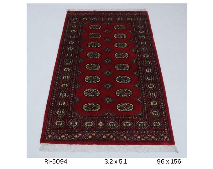 3 X 5 ft Red Geomatrical Handmade, Mori Bokhara Cotton and Wool