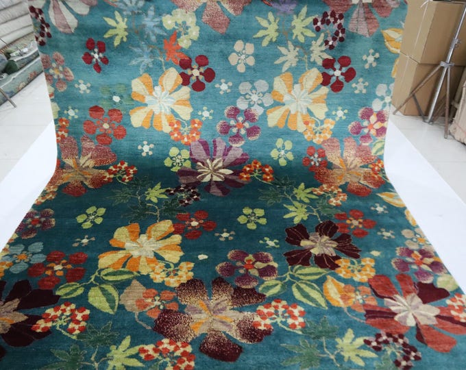 8x10 Zinc Blue Afghan Floral Wool Rug – Hand Knotted
